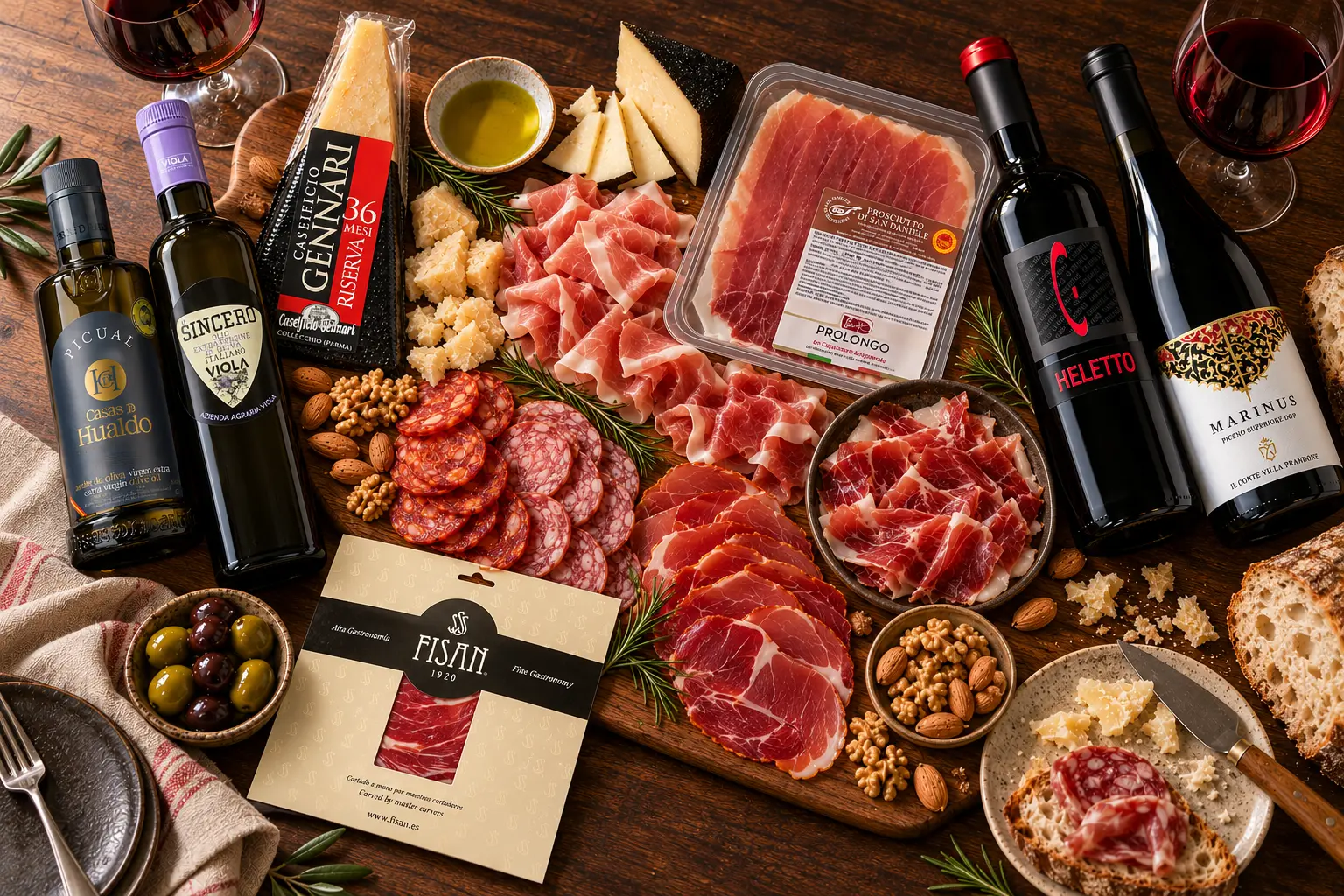 Sélection de charcuterie, fromages et vins