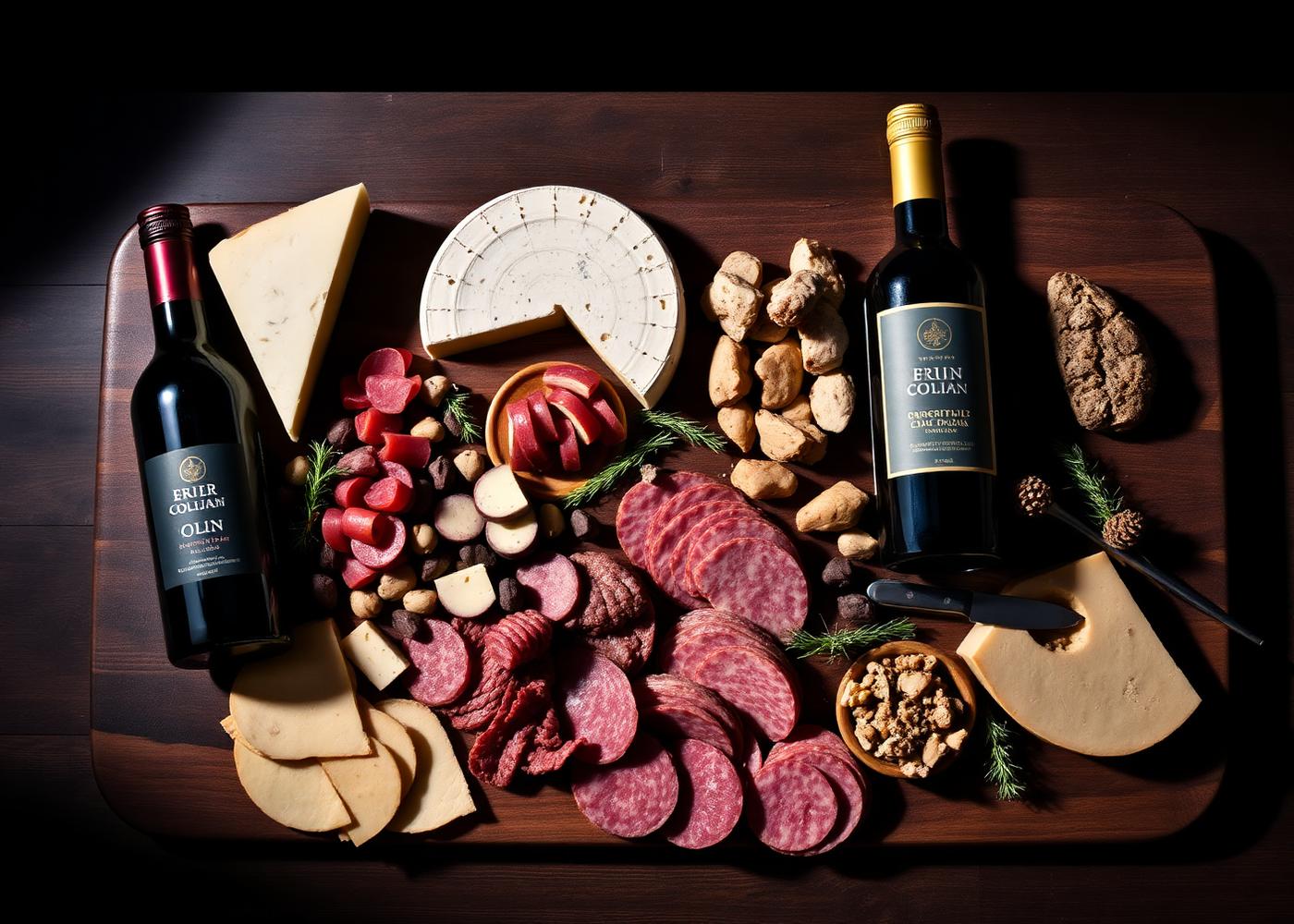 A selection of charcuterie, cheeses and wines